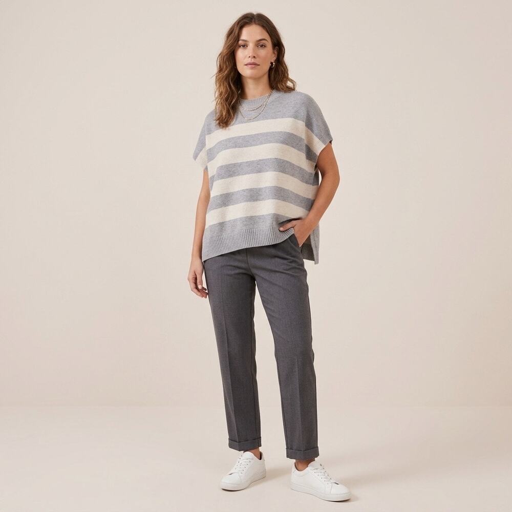 Pinch Women’s Striped Sweater Large Gray Ivory Short Sleeve Mock Neck Knit Top
